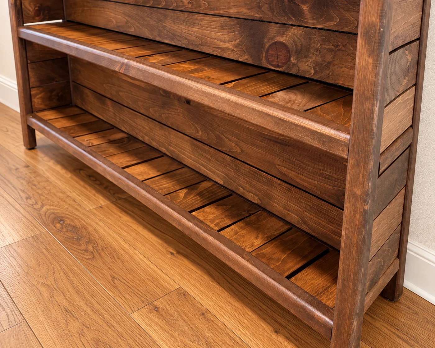 Close view of the bookshelf slatted shelves and horizontal wood panels