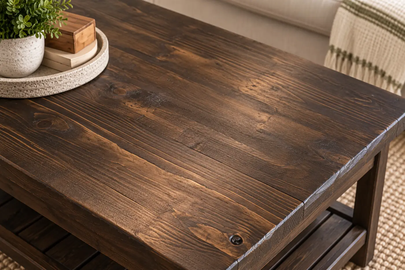 Close view of the hand-finished rustic coffee tabletop