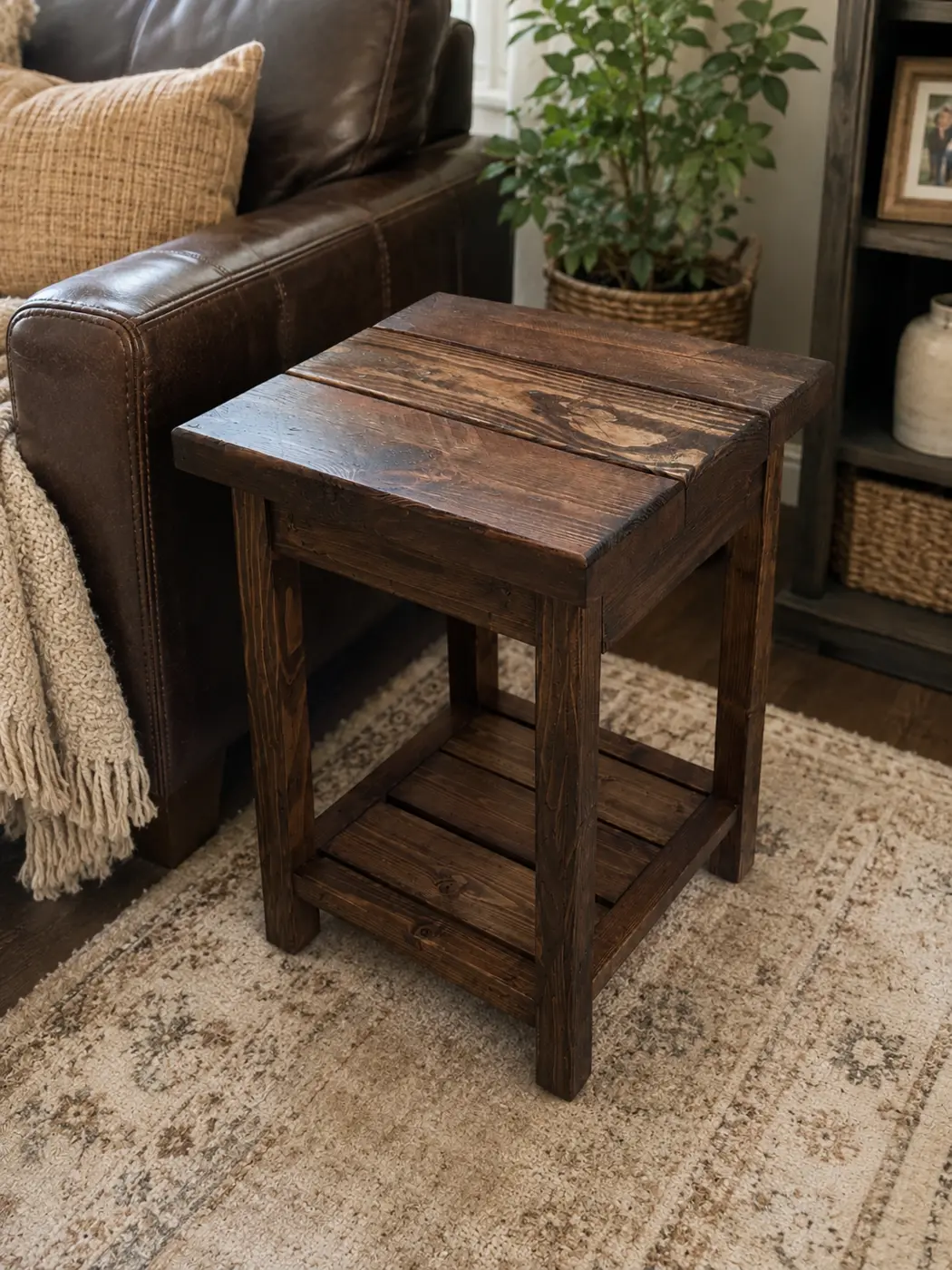 Rustic side table beside a leather sofa in a living room